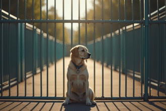 Chien triste assis seul derrière les barreaux d'un refuge