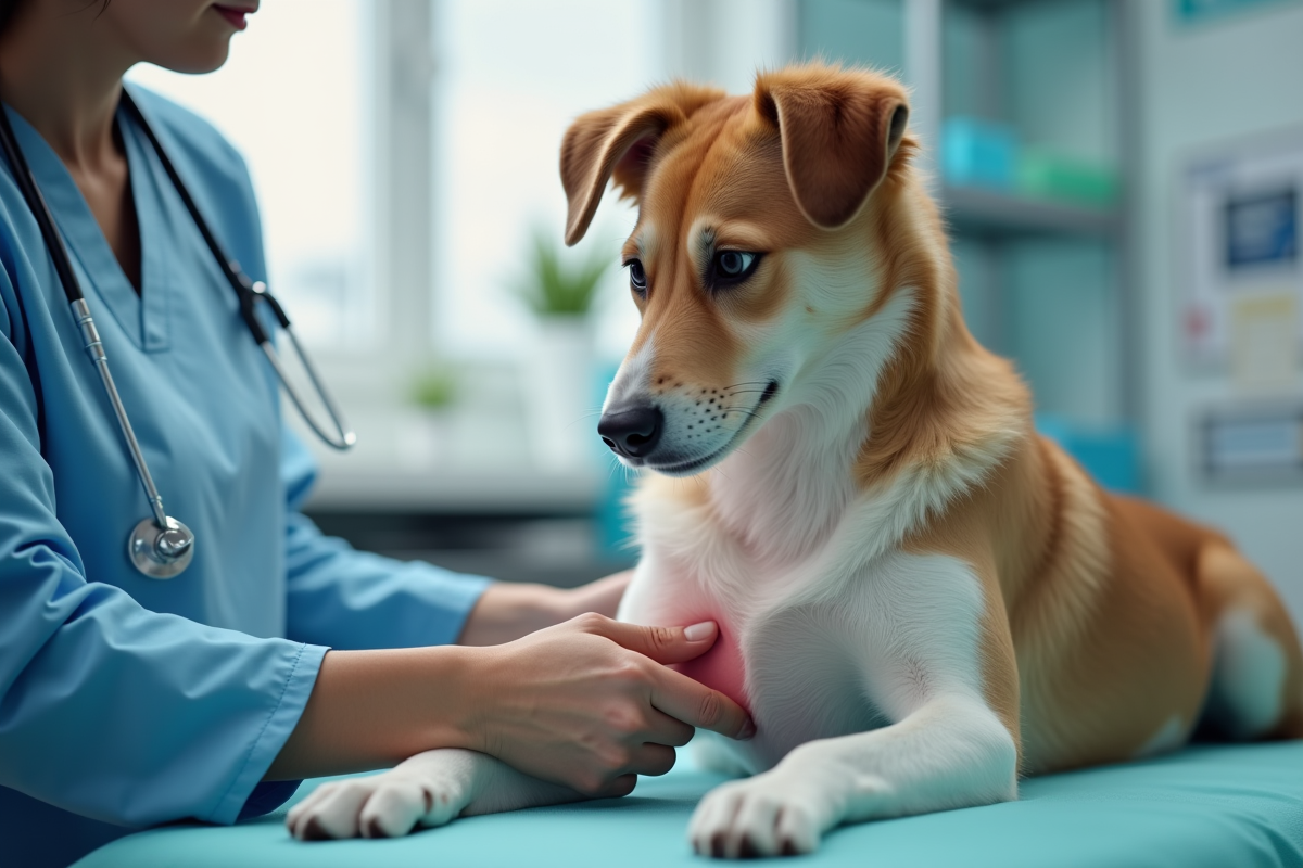 Chien chez le vétérinaire avec une vétérinaire vérifiant la cicatrice