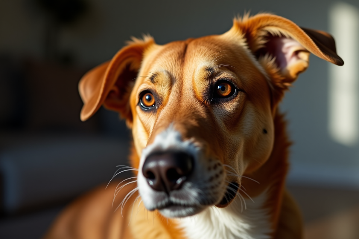 Chien adulte regardant la camera en intérieur avec lumière douce