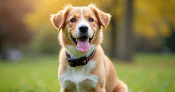 Jeune chien joueur avec collier dans un parc ensoleille