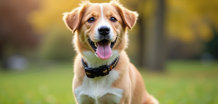 Jeune chien joueur avec collier dans un parc ensoleille
