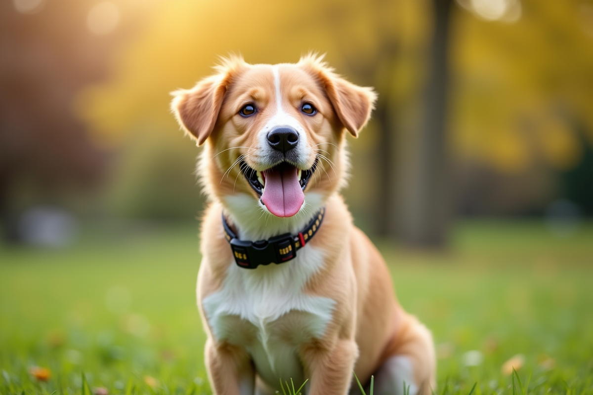 Jeune chien joueur avec collier dans un parc ensoleille