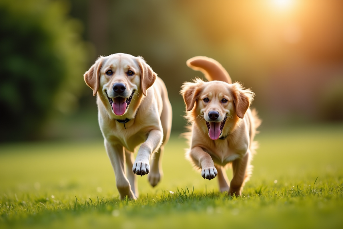 Labrador et Golden Retriever jouant dans le jardin ensoleille