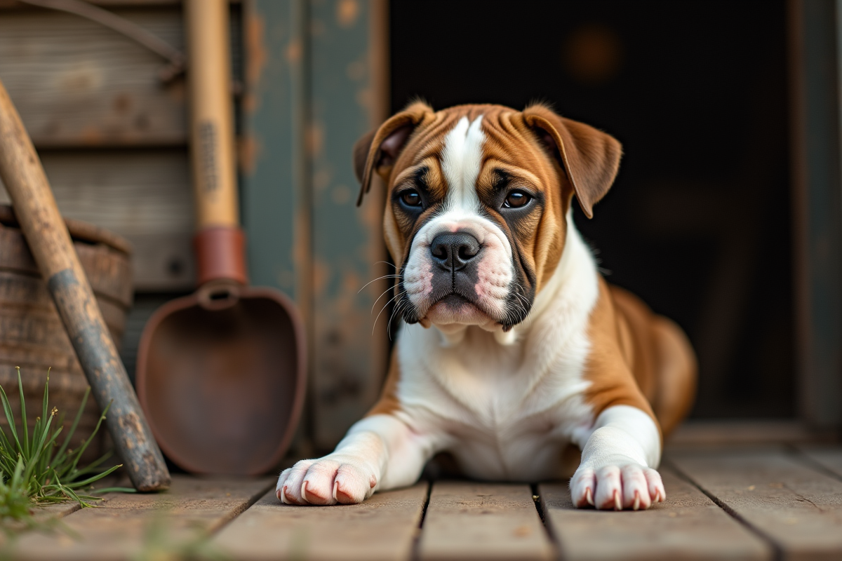 Chiot American Bulldog reposant sur un vieux porche en bois