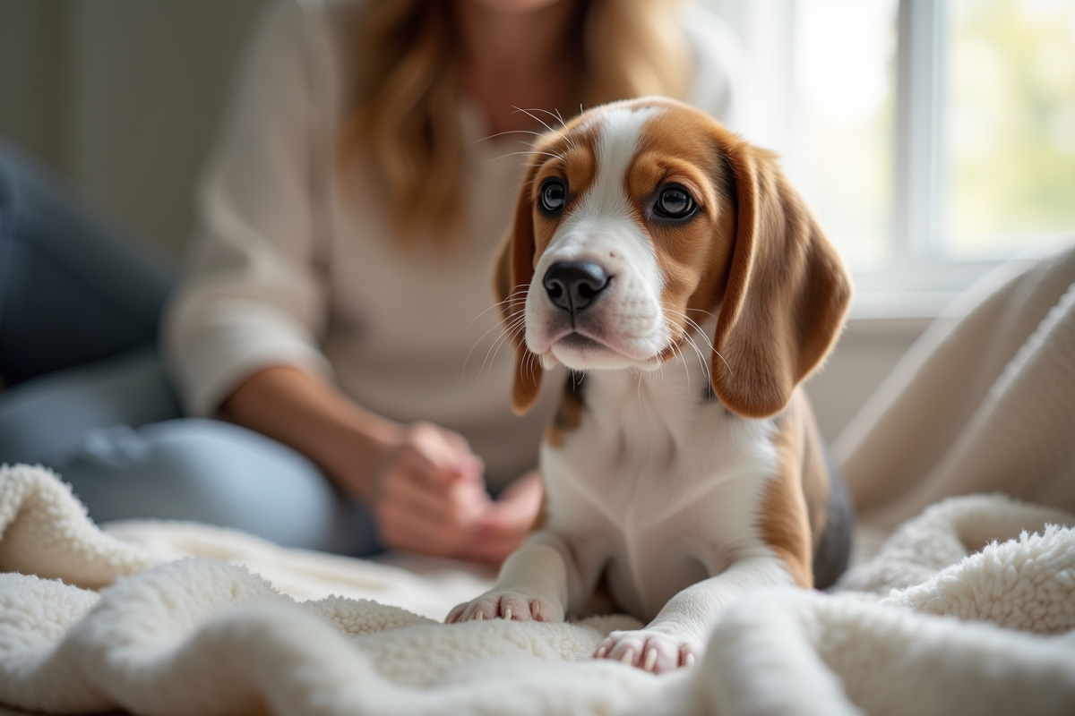 Chiot beagle assis sur une couverture douce en intérieur