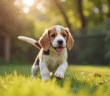 Chiot beagle souriant avec éleveur en extérieur lumineux