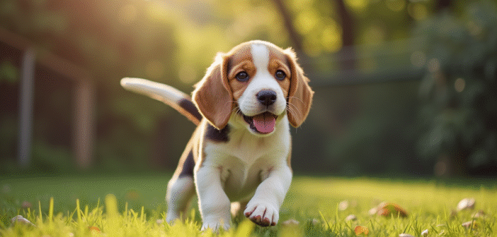Chiot beagle souriant avec éleveur en extérieur lumineux