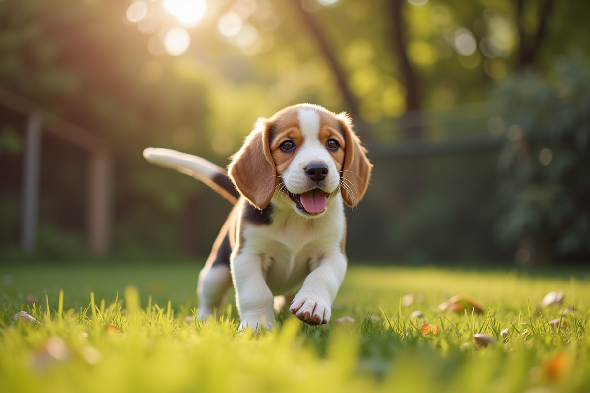 Chiot beagle souriant avec éleveur en extérieur lumineux