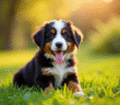 Chiot berger bernois dans un jardin ensoleille