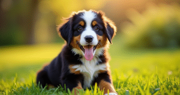 Chiot berger bernois dans un jardin ensoleille