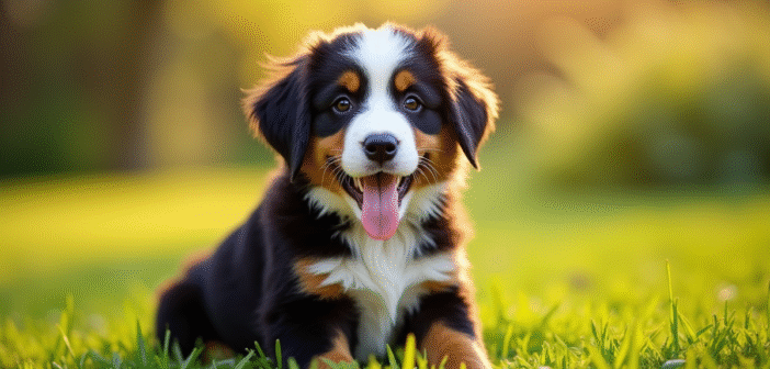 Chiot berger bernois dans un jardin ensoleille
