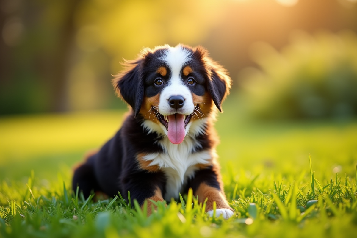 Chiot berger bernois dans un jardin ensoleille
