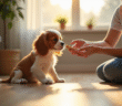 Jeune chiot cavalier king charles assis sur le sol lumineux