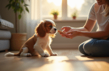 Jeune chiot cavalier king charles assis sur le sol lumineux
