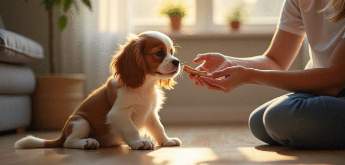 Jeune chiot cavalier king charles assis sur le sol lumineux