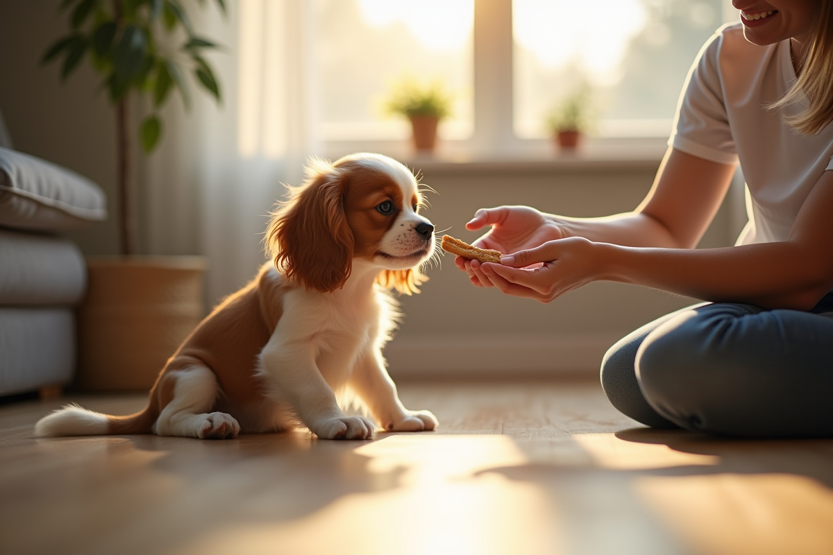Jeune chiot cavalier king charles assis sur le sol lumineux
