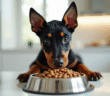 Chiot doberman mangeant dans une cuisine lumineuse