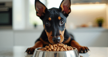 Chiot doberman mangeant dans une cuisine lumineuse