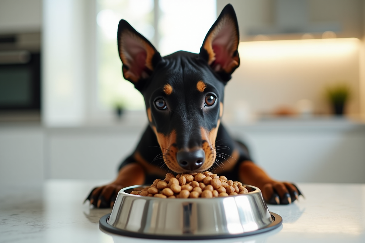 Chiot doberman mangeant dans une cuisine lumineuse