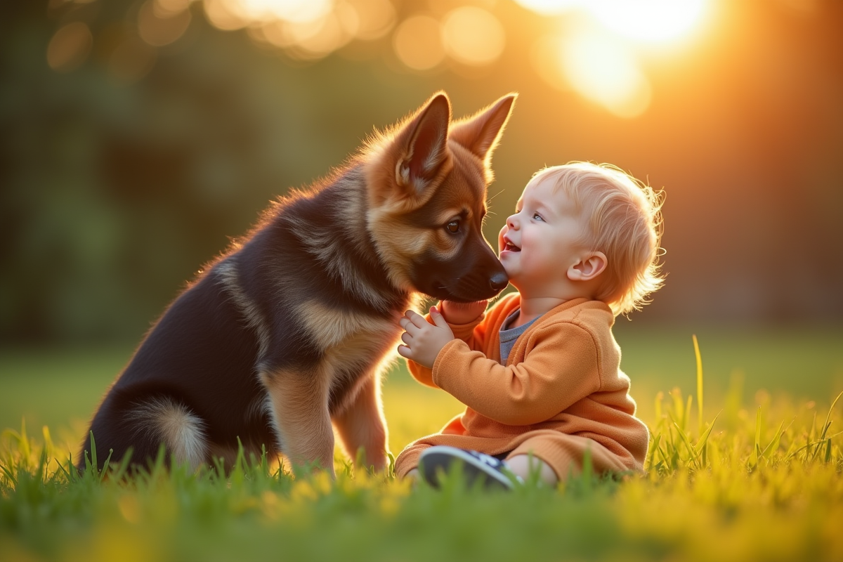 Chiot berger allemand jouant avec un enfant en extérieur