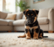 Jeune chiot berger allemand assis sur un tapis lumineux