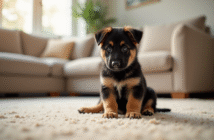 Jeune chiot berger allemand assis sur un tapis lumineux