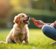 Jeune chiot golden retriever assis dans l'herbe verte