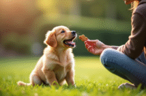 Jeune chiot golden retriever assis dans l'herbe verte