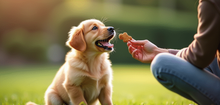 Jeune chiot golden retriever assis dans l'herbe verte