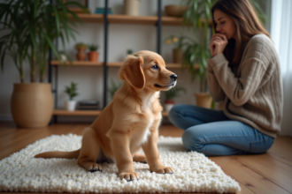 Chiot golden retriever de 7 semaines dans un intérieur chaleureux
