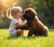 Chiot Newfoundland jouant avec un enfant dans un jardin ensoleille