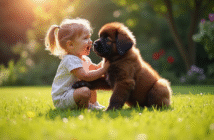 Chiot Newfoundland jouant avec un enfant dans un jardin ensoleille