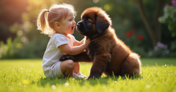 Chiot Newfoundland jouant avec un enfant dans un jardin ensoleille
