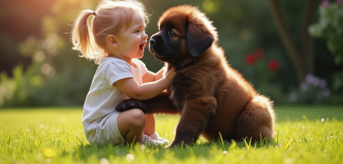 Chiot Newfoundland jouant avec un enfant dans un jardin ensoleille
