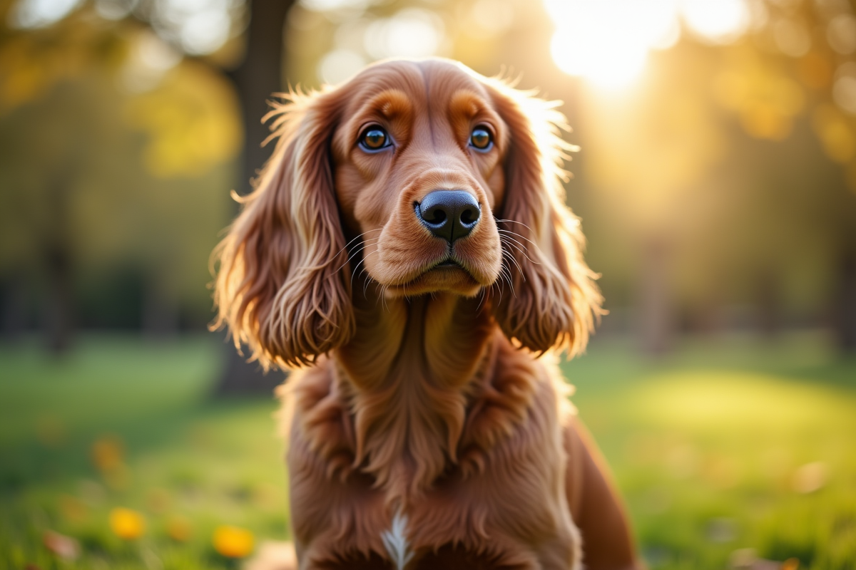 Cocker spaniel assis dans un parc ensoleille