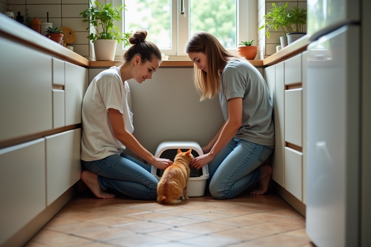 Jeune couple installant une litière pour chat dans la cuisine