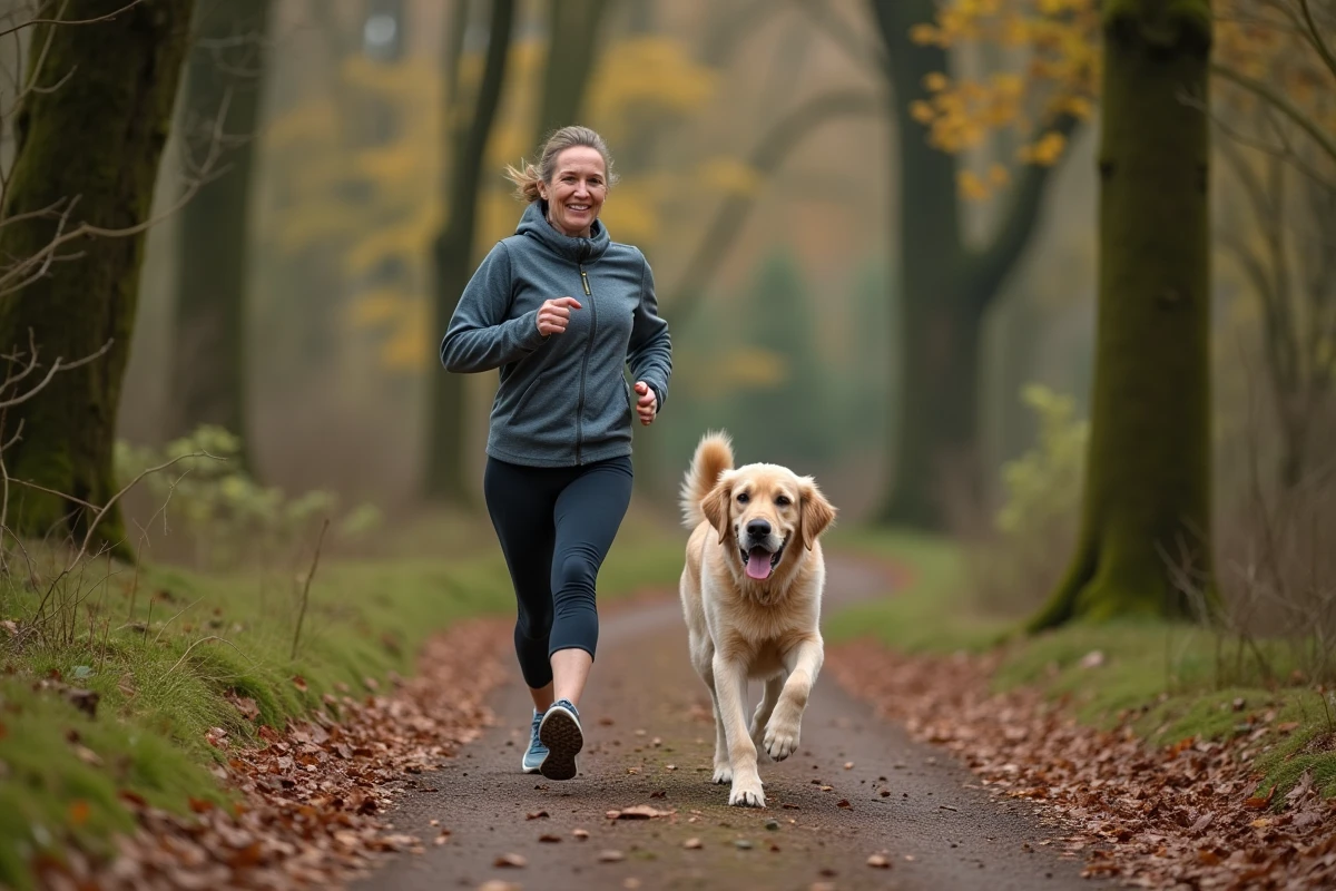 Femme en course dans la forêt avec son chien golden retriever