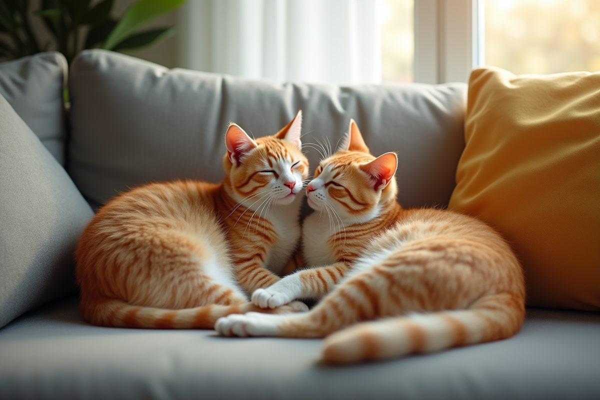 Deux chats se câlinant sur un canapé lumineux