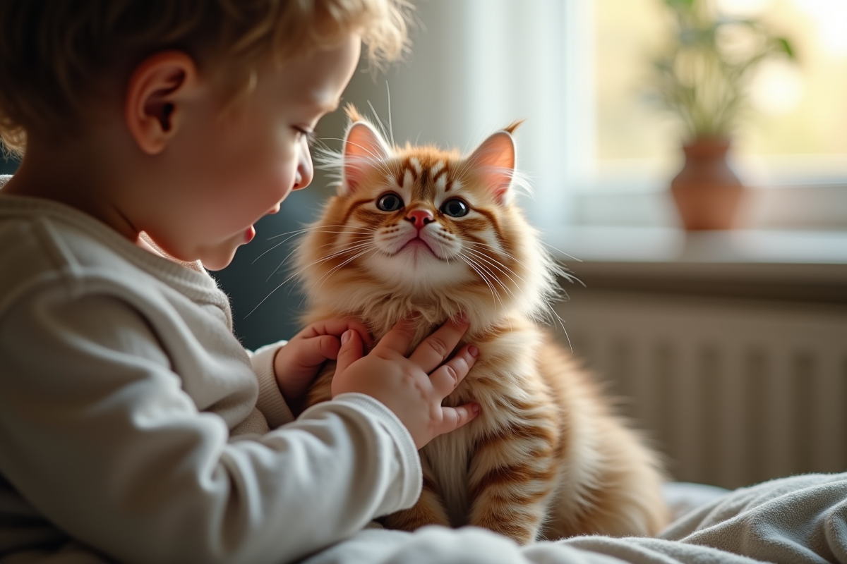 Enfant caressant un chat sur ses genoux dans une ambiance chaleureuse