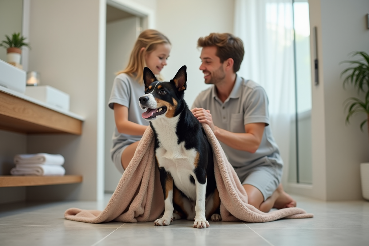 Famille aidant leur chien a secher dans la salle de bain