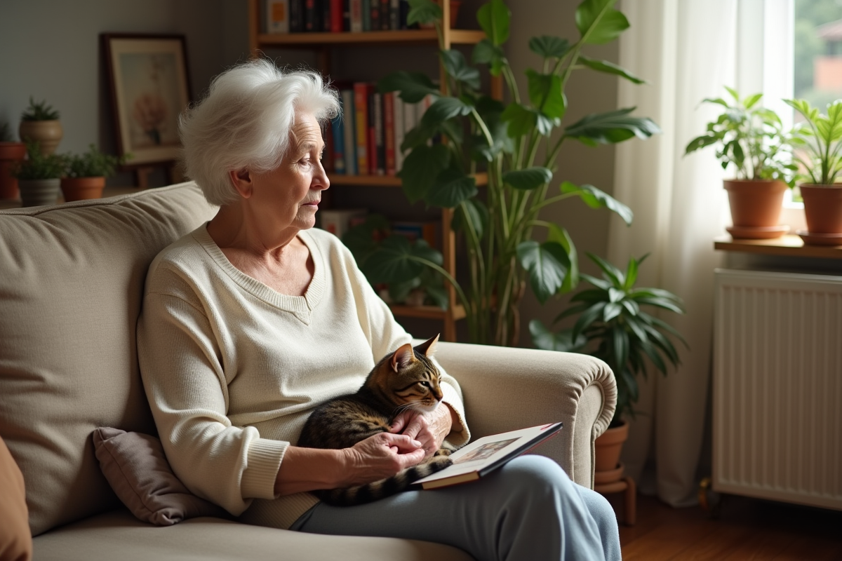 Femme âgée dans un salon lumineux avec chat assis à côté