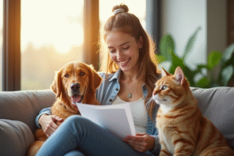Femme heureuse avec chien et chat lisant assurance