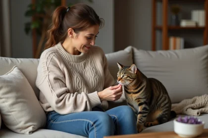 Femme caressant un chat tabby dans un salon chaleureux