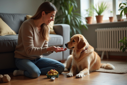 Femme en intérieur avec un chien golden retriever