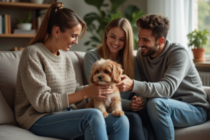 Femme âgée donnant un chien à un couple dans un salon chaleureux
