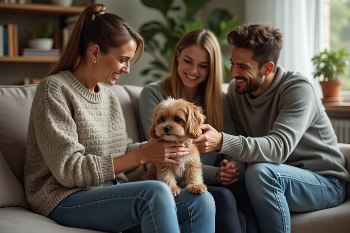 Femme âgée donnant un chien à un couple dans un salon chaleureux
