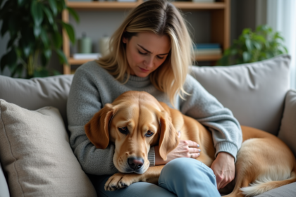 Femme en douceur avec un retriever triste sur le canapé