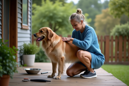 Femme caressant un golden retriever sur la terrasse