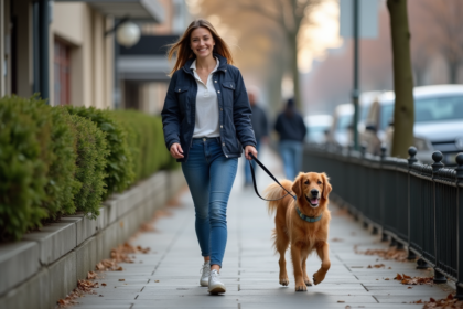 Jeune femme souriante avec chien en ville