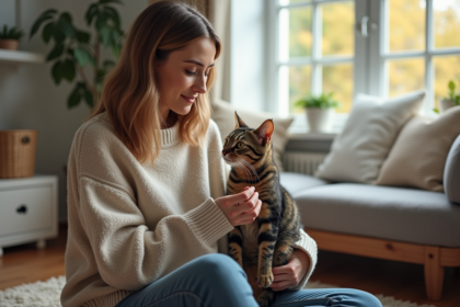 Jeune femme avec chat et plumeau dans le salon